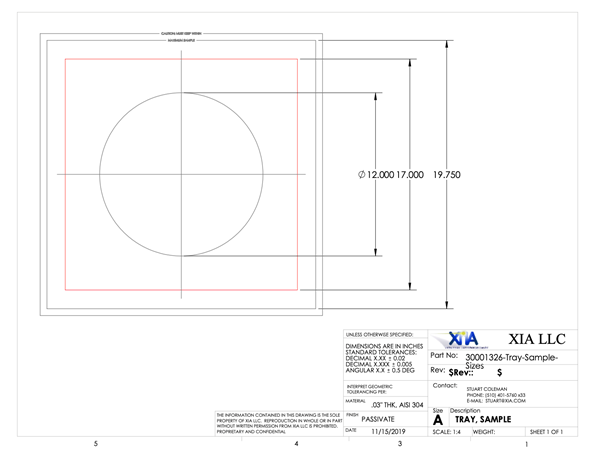 Dimensions of the XIA scanning tray
